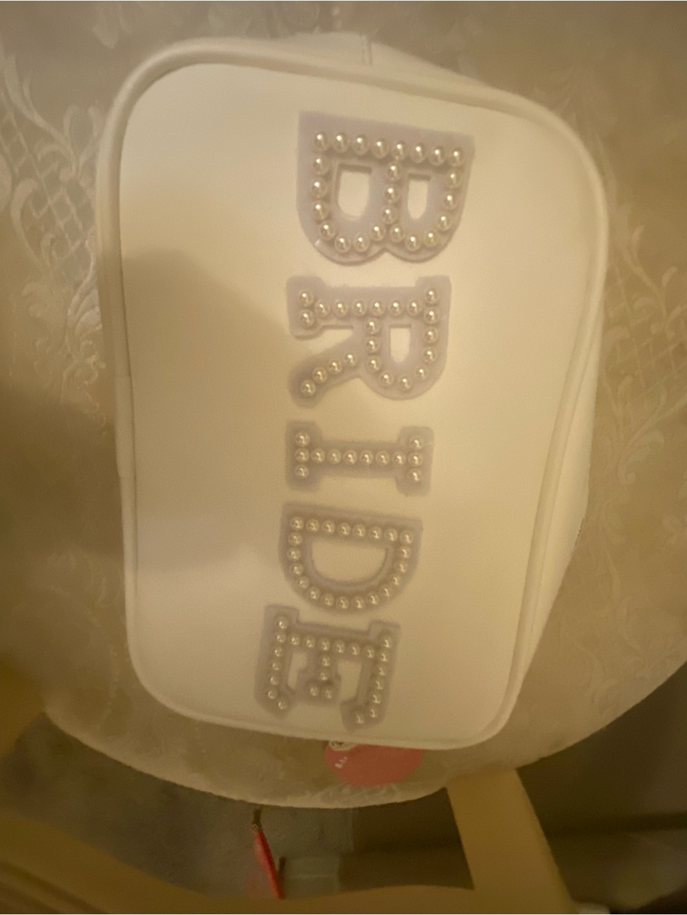 White Cosmetic Pouch with Pearl-Embellished 'BRIDE' Detail